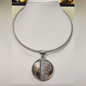 Sassy Abalone Shell Silver Tone Pendant Circle  Necklace